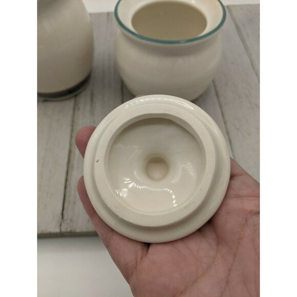 Pfaltzgraff JUNIPER Creamer & Sugar Set Teal Blue Green & Purple Mauve Trim Lid - Picture 3 of 8